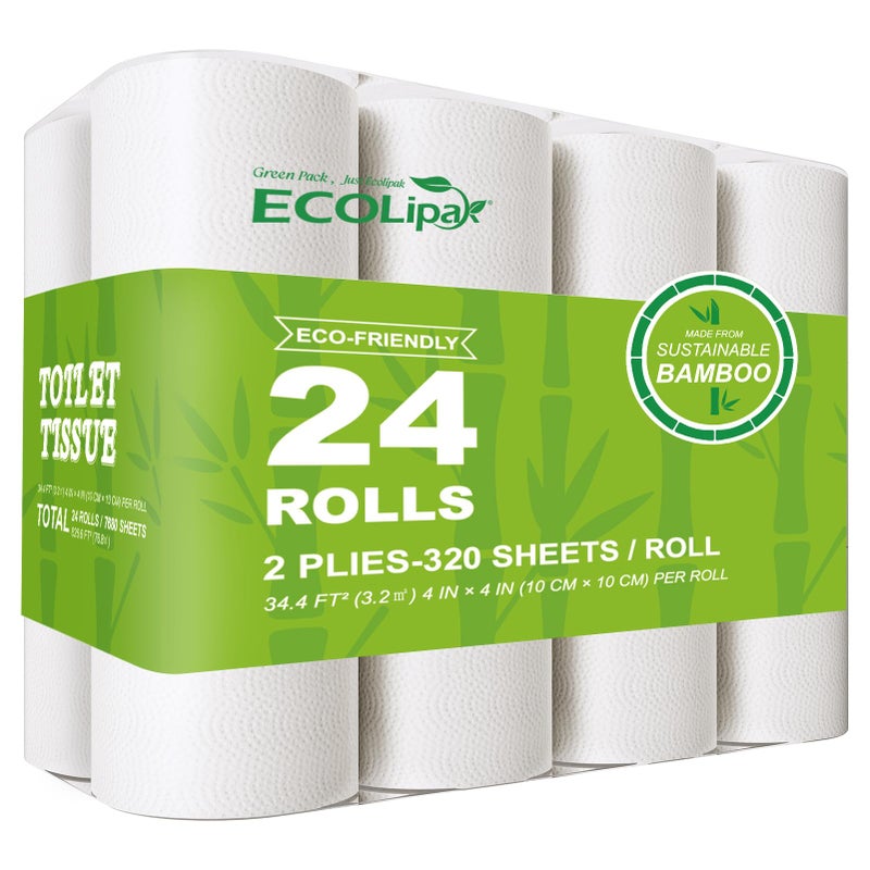 ورق تواليت من البامبو ECOLipak آمن للصرف الصحي 24 لفة مزدوجة 320 ورقة لكل لفة خالي من الأشجار غير سامة 2 طبقة ناعمة وامتصاص صديقة للبيئة خالية من الأصباغ